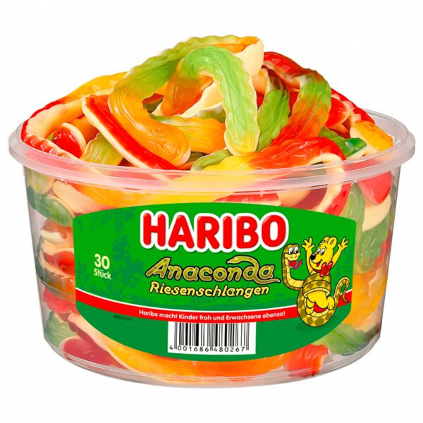 Bunte Haribo Anaconda Riesenschlangen – riesig, weich und fruchtig in der großen Runddose.