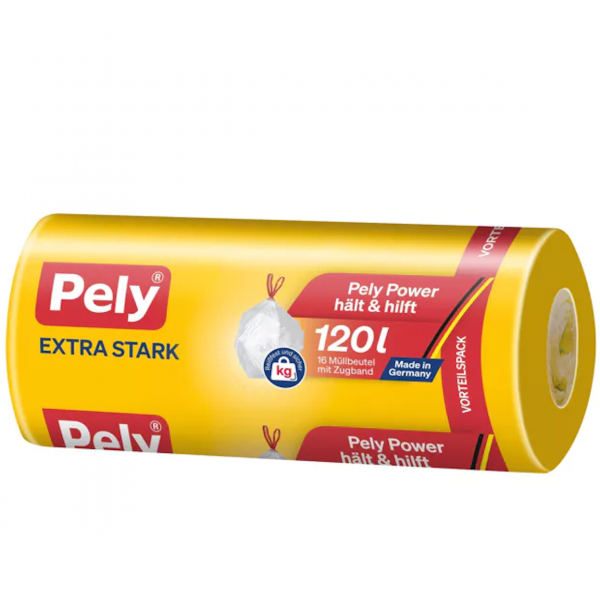 Pely Müllsäcke 120 l – ultra stark, reißfest, tropfsicher. Mit Zugband. Made in Germany.