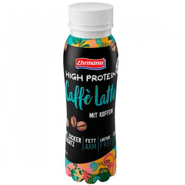Proteinreicher Caffè‑Latte‑Drink in 250‑ml‑Flaschen – cremig, koffeinhaltig und ohne Zuckerzusatz.