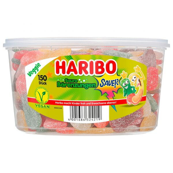 Bunte, extra saure Haribo Bärenzungen – vegan, fruchtig und perfekt zum Wegsnacken.