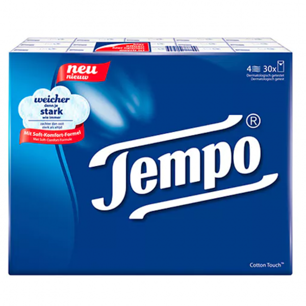 Tempo Taschentücher 30×10 – 300 weiche, 4‑lagige Premium‑Tücher. Reißfest, waschmaschinenfest, dermatologisch getestet.