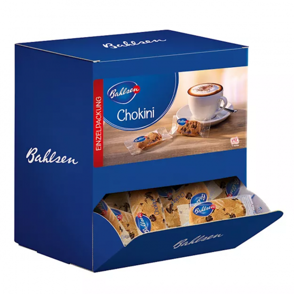Bahlsen Chokini Thekenaufsteller mit 150 einzeln verpackten Mürbegebäck-Keksen mit edelherber Schokolade und feiner Orangennote.