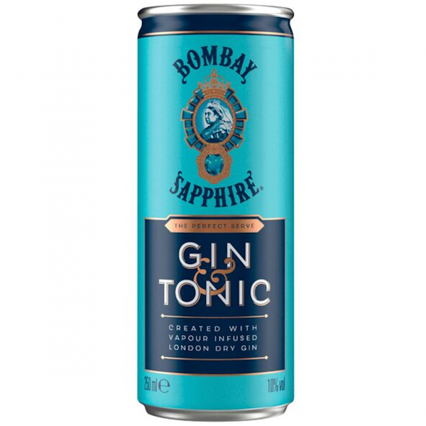 Dose Bombay Sapphire Gin & Tonic, blau‑weißes Design, Gin‑Tonic Mixgetränk