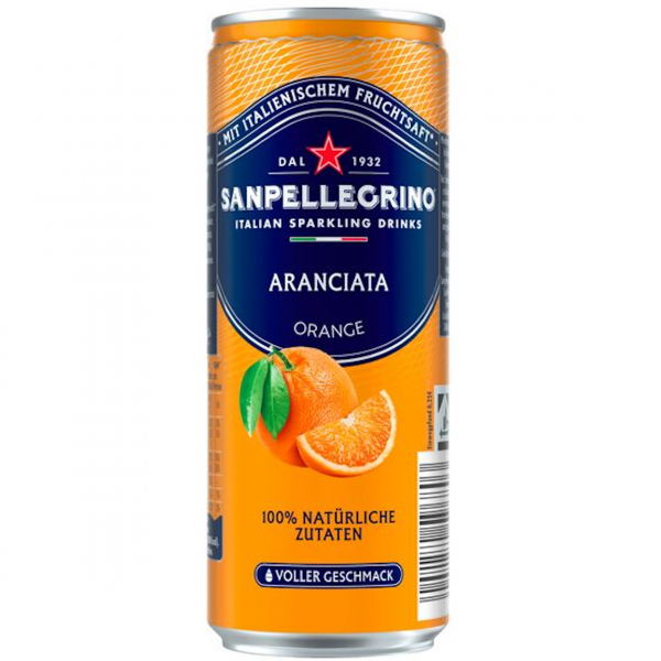 San Pellegrino Aranciata – italienische Orangenlimonade in der 0,33‑L‑Dose.