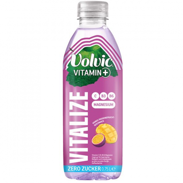 Volvic Vitalize Mango‑Passionsfrucht – exotisches Vitaminwasser mit Mango‑Passionsfrucht‑Aroma.