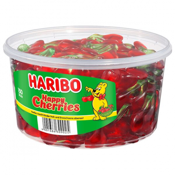 Fruchtige Haribo Happy Cherries in der großen Runddose – weich, aromatisch und kirschig.